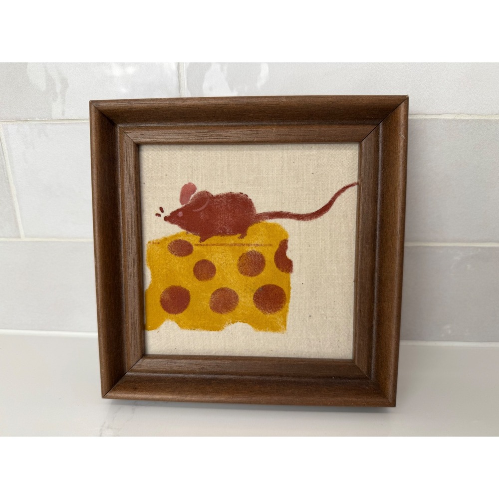 Vintage Handmade Fabric Art Mouse on Cheese 6x6 Brown Wood Frame Whimsical Folk